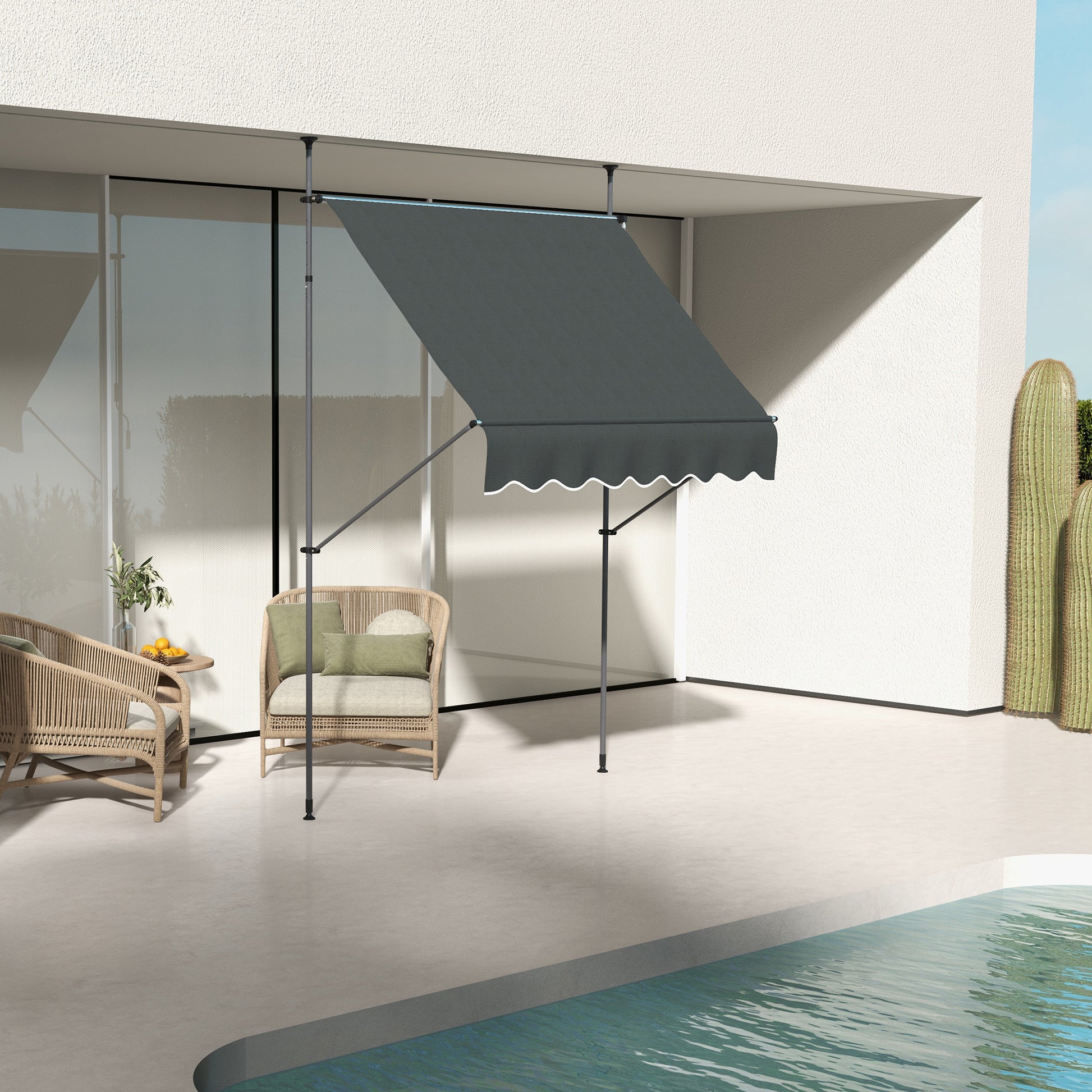 Retractable Manual Awning 2x1.2m Exterior Terrace Awning Height Adjustable with Crank 210-300cm No Drill UV30+ Protection for Balcony Garden Dark Grey