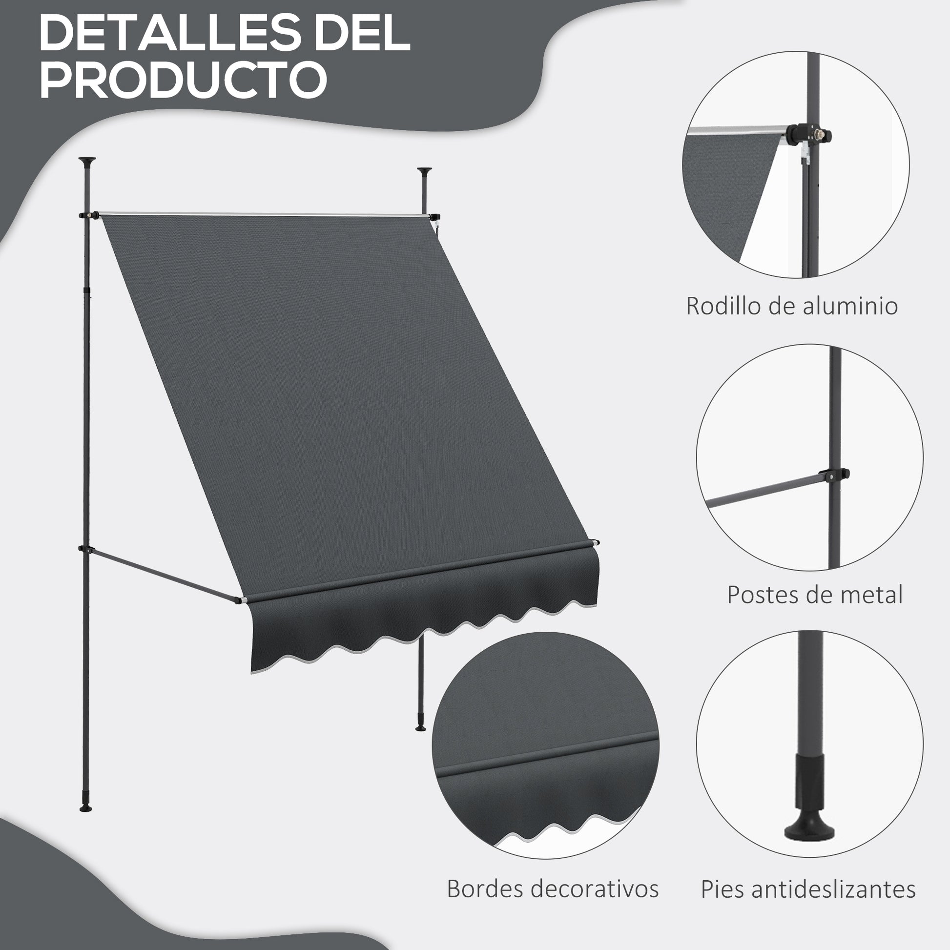 Retractable Manual Awning 2x1.2m Exterior Terrace Awning Height Adjustable with Crank 210-300cm No Drill UV30+ Protection for Balcony Garden Dark Grey