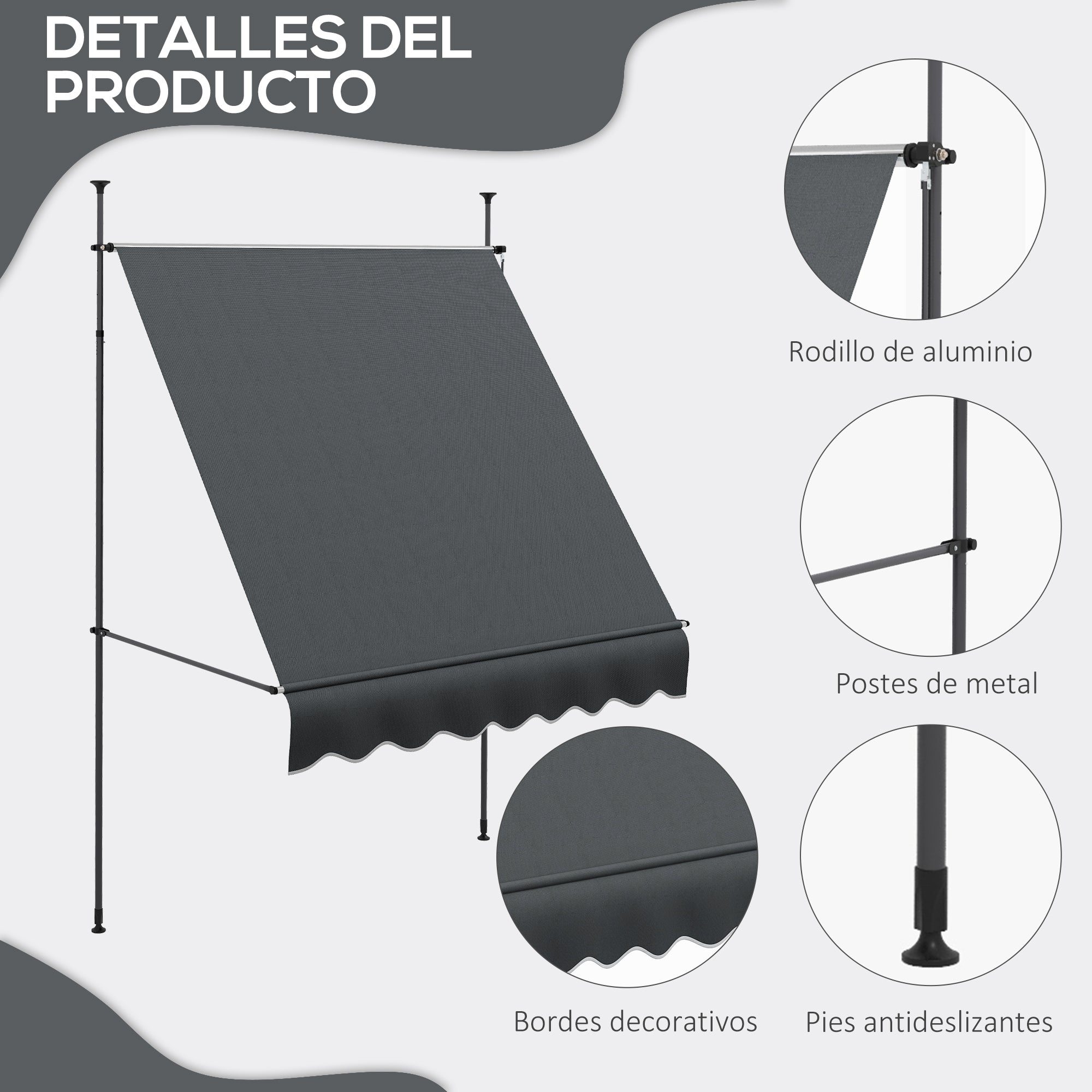 Retractable Manual Awning 2x1.2m Exterior Terrace Awning Height Adjustable with Crank 210-300cm No Drill UV30+ Protection for Balcony Garden Dark Grey