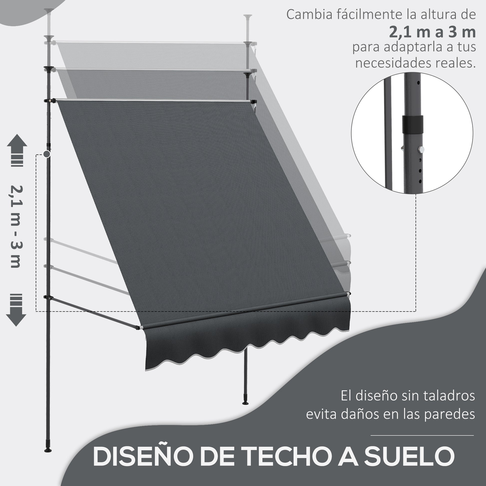 Retractable Manual Awning 2x1.2m Exterior Terrace Awning Height Adjustable with Crank 210-300cm No Drill UV30+ Protection for Balcony Garden Dark Grey