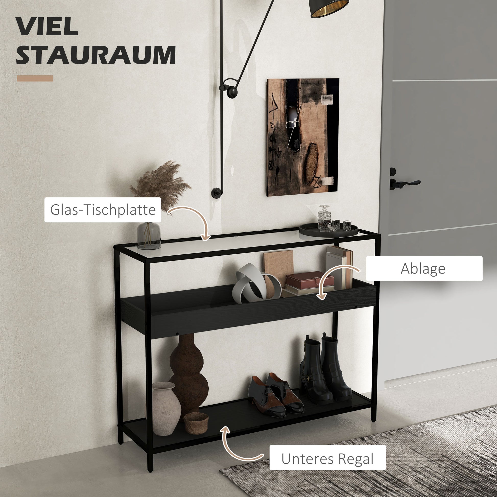 Console Table, Entryway Table with 2 Shelves, Tempered Glass Top, 100 x 30 x 78 cm, Side Table, Sofa Table, for Hallway, Small Space, Entryway, Living Room, Black