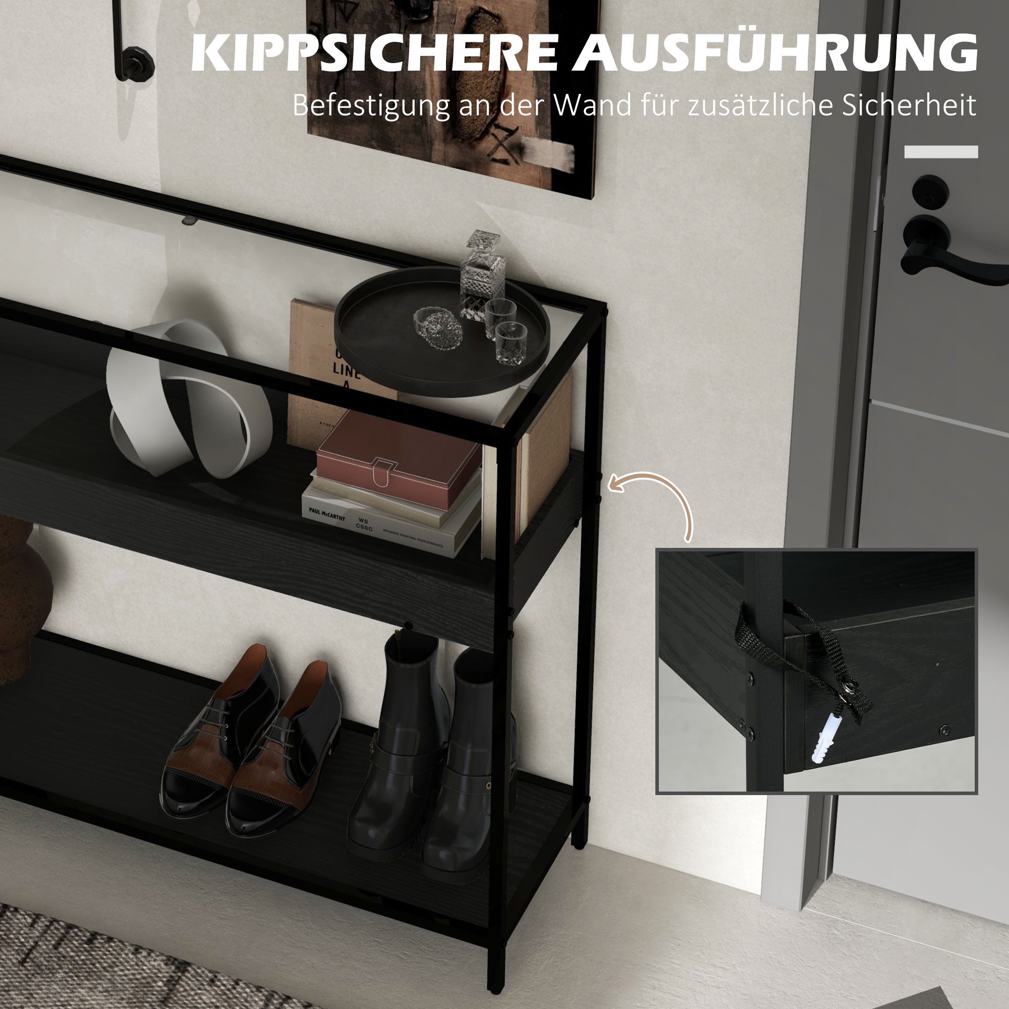 Console Table, Entryway Table with 2 Shelves, Tempered Glass Top, 100 x 30 x 78 cm, Side Table, Sofa Table, for Hallway, Small Space, Entryway, Living Room, Black