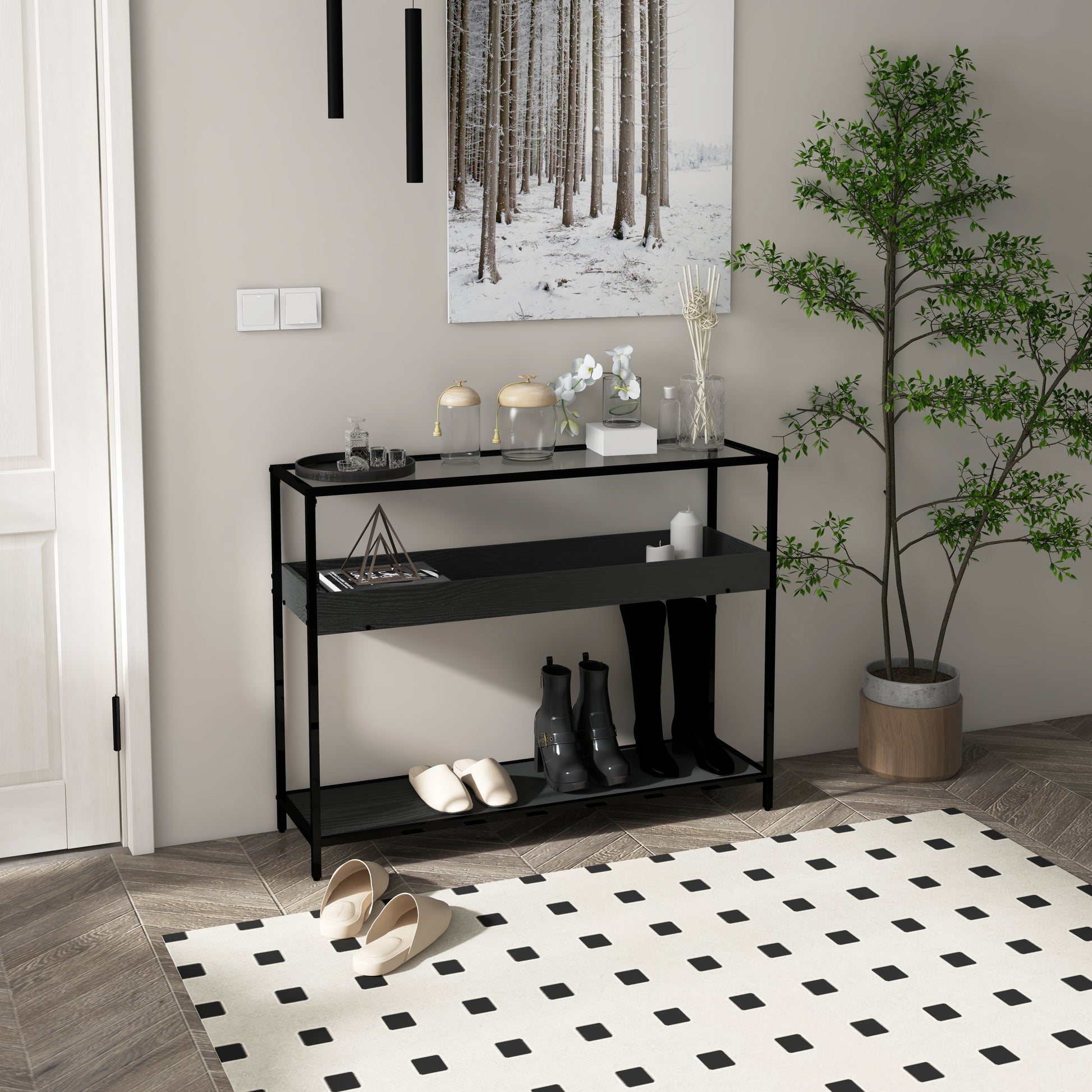 Console Table, Entryway Table with 2 Shelves, Tempered Glass Top, 100 x 30 x 78 cm, Side Table, Sofa Table, for Hallway, Small Space, Entryway, Living Room, Black