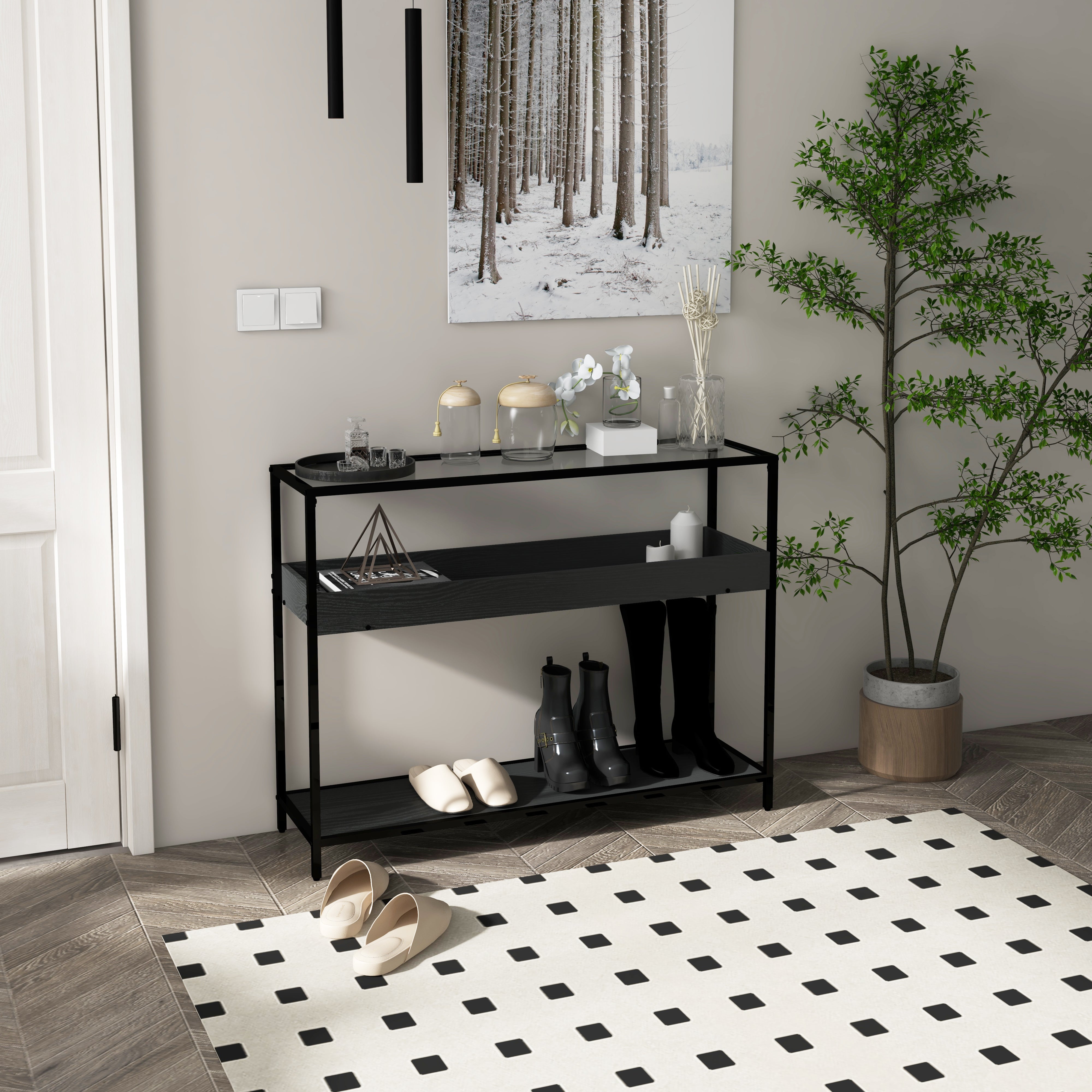 Console Table, Entryway Table with 2 Shelves, Tempered Glass Top, 100 x 30 x 78 cm, Side Table, Sofa Table, for Hallway, Small Space, Entryway, Living Room, Black
