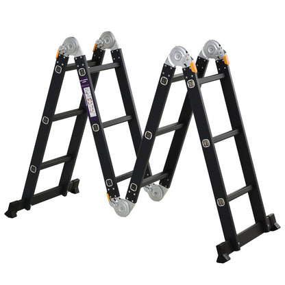 Multi-Purpose Folding Ladder Step Trestle 5 in 1 Portable with 2 Platform Plates Non-Slip Foot Aluminum Hinges 150 kg 370x61x11 cm Black