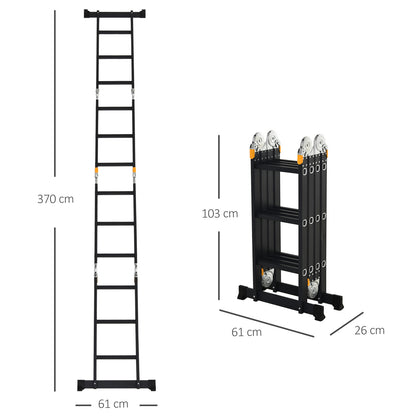 Multi-Purpose Folding Ladder Step Trestle 5 in 1 Portable with 2 Platform Plates Non-Slip Foot Aluminum Hinges 150 kg 370x61x11 cm Black