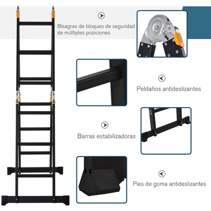 Multi-Purpose Folding Ladder Step Trestle 5 in 1 Portable with 2 Platform Plates Non-Slip Foot Aluminum Hinges 150 kg 370x61x11 cm Black