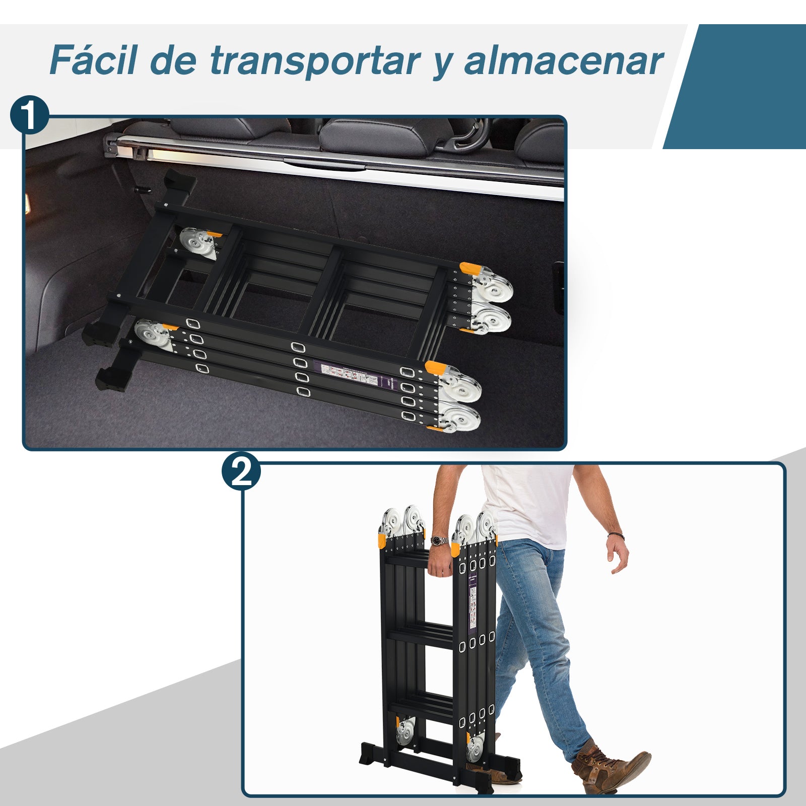 Multi-Purpose Folding Ladder Step Trestle 5 in 1 Portable with 2 Platform Plates Non-Slip Foot Aluminum Hinges 150 kg 370x61x11 cm Black
