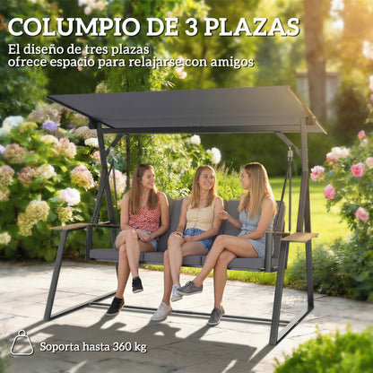3-Seat Garden Swing with Adjustable UPF50+ Canopy, 2 Side Trays, Cushions & Metal Frame — For Balcony, Patio, Terrace — Holds 360 kg (794 lb), 222 x 131 x 175 cm, Charcoal