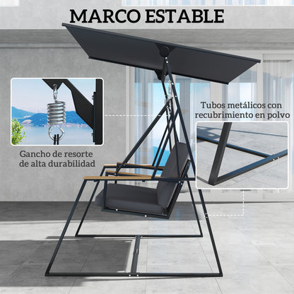 3-Seat Garden Swing with Adjustable UPF50+ Canopy, 2 Side Trays, Cushions & Metal Frame — For Balcony, Patio, Terrace — Holds 360 kg (794 lb), 222 x 131 x 175 cm, Charcoal