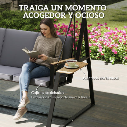 3-Seat Garden Swing with Adjustable UPF50+ Canopy, 2 Side Trays, Cushions & Metal Frame — For Balcony, Patio, Terrace — Holds 360 kg (794 lb), 222 x 131 x 175 cm, Charcoal