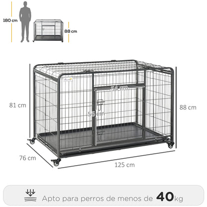 Foldable Metal Dog Cage for Large Dogs 125x76x81 cm with Wheels and Brakes Removable Tray and Door with Latches for Golden Retriever Labrador Dark Gray
