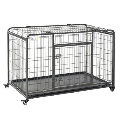 Foldable Metal Dog Cage for Large Dogs 125x76x81 cm with Wheels and Brakes Removable Tray and Door with Latches for Golden Retriever Labrador Dark Gray