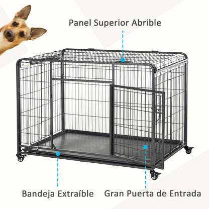 Foldable Metal Dog Cage for Large Dogs 125x76x81 cm with Wheels and Brakes Removable Tray and Door with Latches for Golden Retriever Labrador Dark Gray