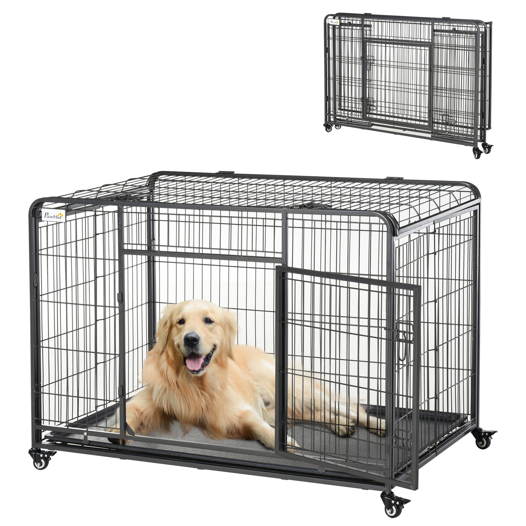 Foldable Metal Dog Cage for Large Dogs 125x76x81 cm with Wheels and Brakes Removable Tray and Door with Latches for Golden Retriever Labrador Dark Gray