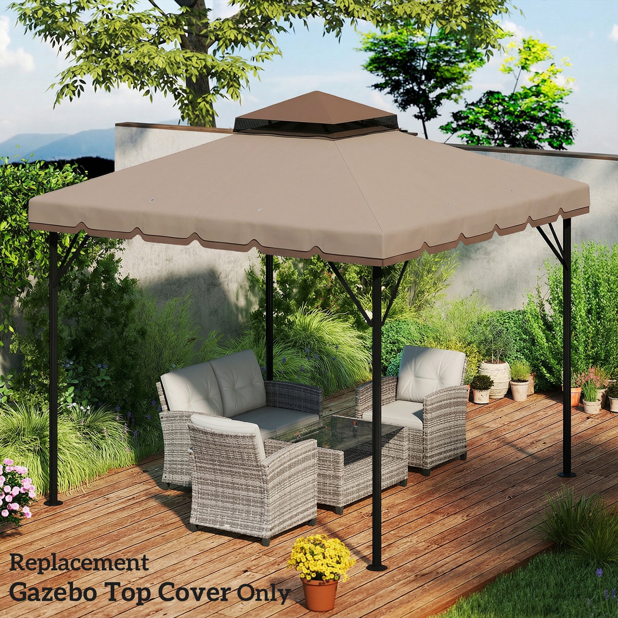 Replacement Canopy for 3 x 3 m Gazebo — Water-Resistant Double Roof with Drainage Holes, Polyester Cover, Khaki