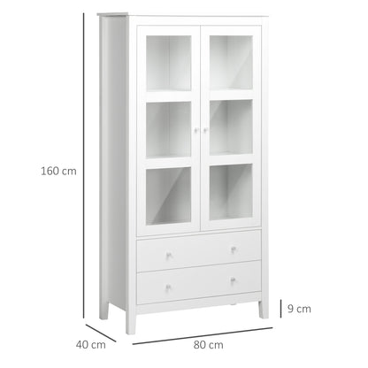 Living Room Display Cabinet Kitchen Sideboard with 2 Tempered Glass Doors 3 Shelves 2 Drawers and Soft-Close Hinges for Dining Room Office 80x40x160 cm White