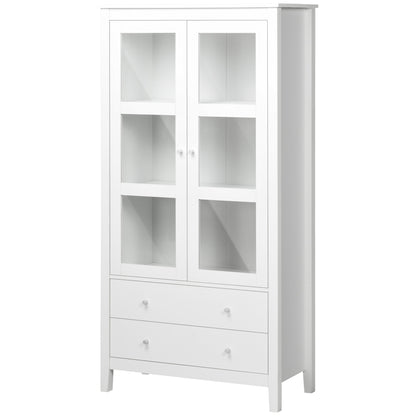 Living Room Display Cabinet Kitchen Sideboard with 2 Tempered Glass Doors 3 Shelves 2 Drawers and Soft-Close Hinges for Dining Room Office 80x40x160 cm White