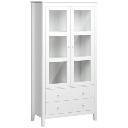 Living Room Display Cabinet Kitchen Sideboard with 2 Tempered Glass Doors 3 Shelves 2 Drawers and Soft-Close Hinges for Dining Room Office 80x40x160 cm White