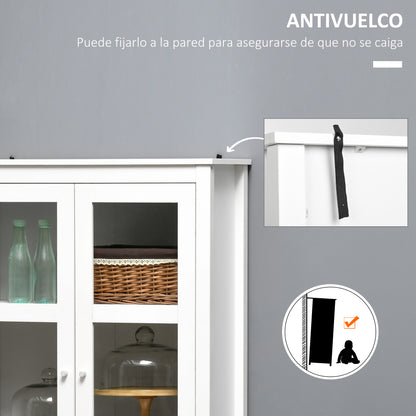 Living Room Display Cabinet Kitchen Sideboard with 2 Tempered Glass Doors 3 Shelves 2 Drawers and Soft-Close Hinges for Dining Room Office 80x40x160 cm White