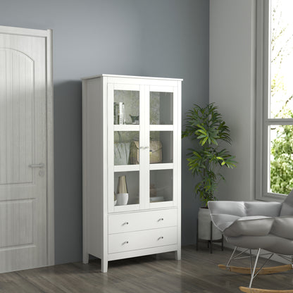 Living Room Display Cabinet Kitchen Sideboard with 2 Tempered Glass Doors 3 Shelves 2 Drawers and Soft-Close Hinges for Dining Room Office 80x40x160 cm White