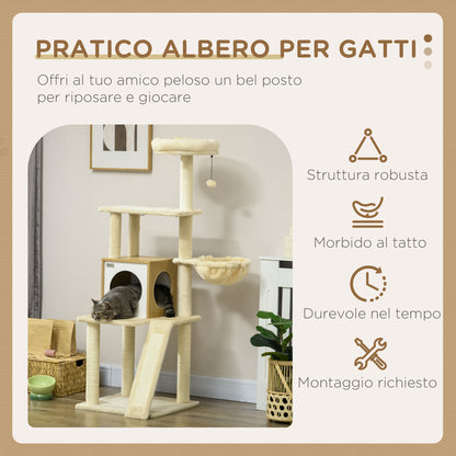 Cat Tree with House, Cat Scratcher, Perch and Post, 48.5x48.5x141.5 cm, Beige