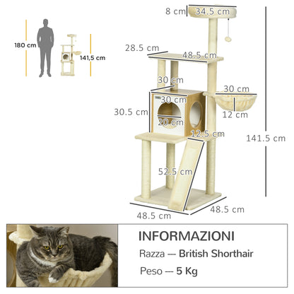 Cat Tree with House, Cat Scratcher, Perch and Post, 48.5x48.5x141.5 cm, Beige