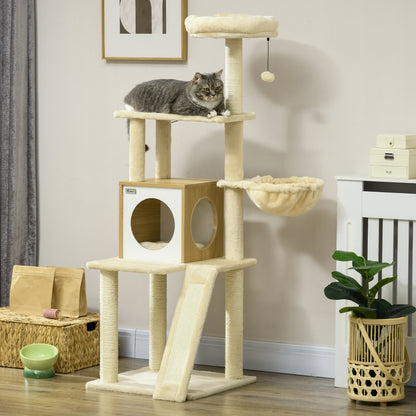 Cat Tree with House, Cat Scratcher, Perch and Post, 48.5x48.5x141.5 cm, Beige
