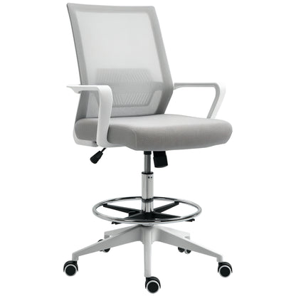 High-seat office chair adjustable high seat office chair dim. 64L x 59W x 104-124H cm swivel office stool 360° breathable mesh gray and white