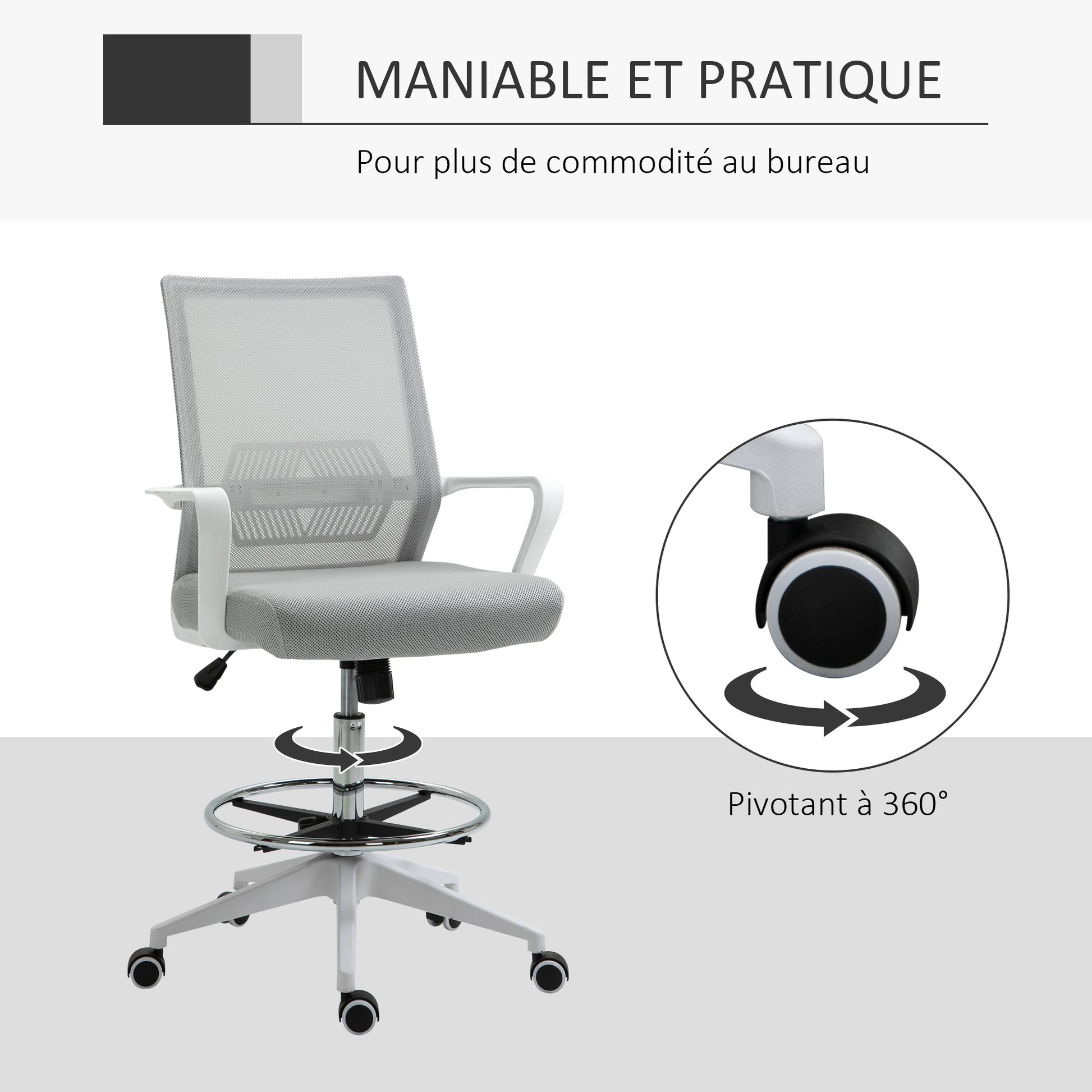 High-seat office chair adjustable high seat office chair dim. 64L x 59W x 104-124H cm swivel office stool 360° breathable mesh gray and white