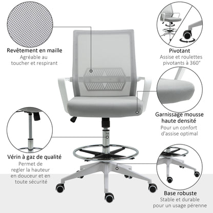 High-seat office chair adjustable high seat office chair dim. 64L x 59W x 104-124H cm swivel office stool 360° breathable mesh gray and white