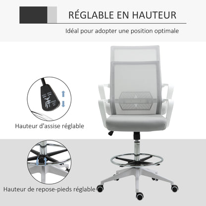 High-seat office chair adjustable high seat office chair dim. 64L x 59W x 104-124H cm swivel office stool 360° breathable mesh gray and white