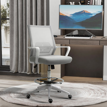 High-seat office chair adjustable high seat office chair dim. 64L x 59W x 104-124H cm swivel office stool 360° breathable mesh gray and white