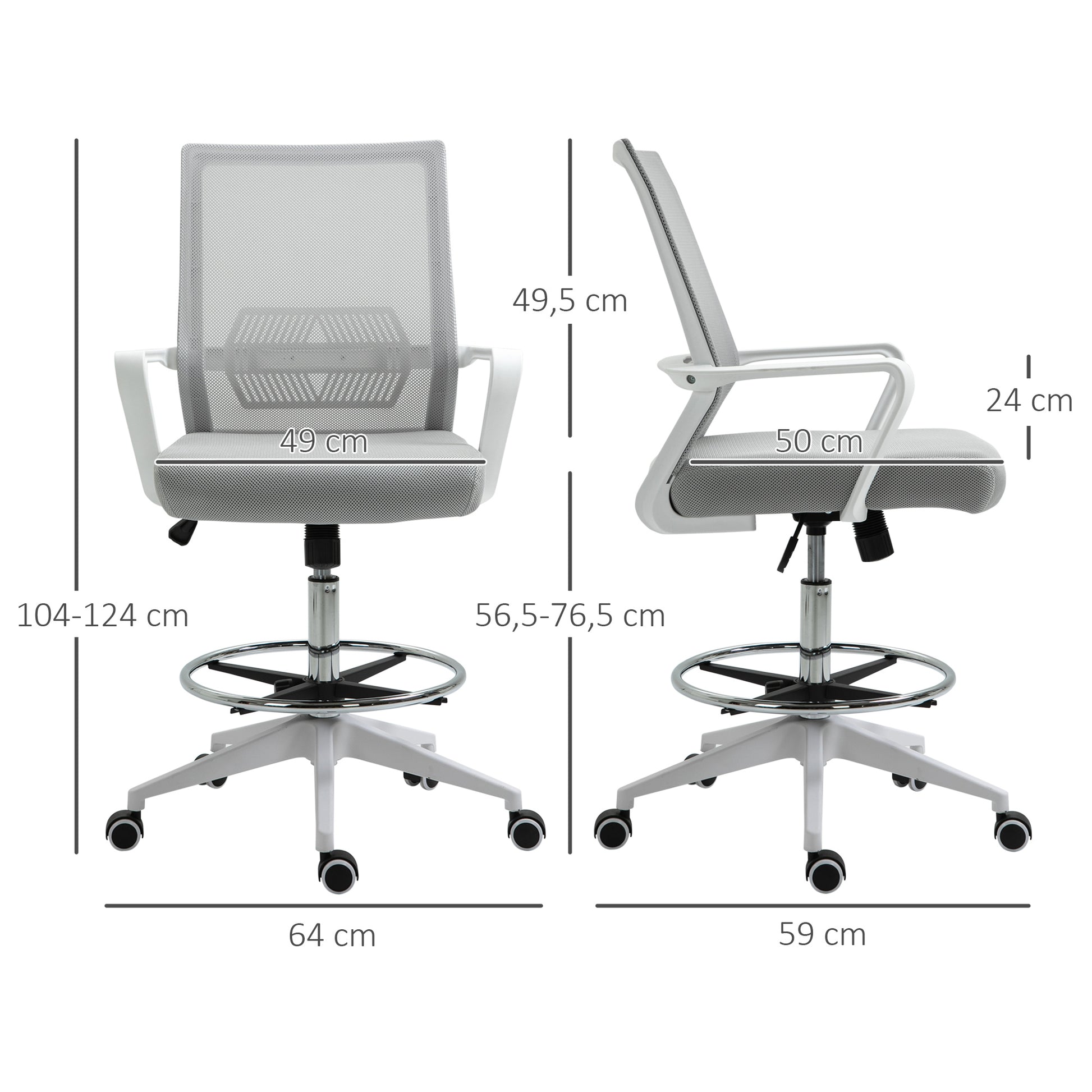 High-seat office chair adjustable high seat office chair dim. 64L x 59W x 104-124H cm swivel office stool 360° breathable mesh gray and white
