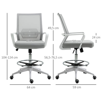 High-seat office chair adjustable high seat office chair dim. 64L x 59W x 104-124H cm swivel office stool 360° breathable mesh gray and white