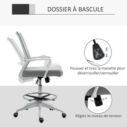 High-seat office chair adjustable high seat office chair dim. 64L x 59W x 104-124H cm swivel office stool 360° breathable mesh gray and white