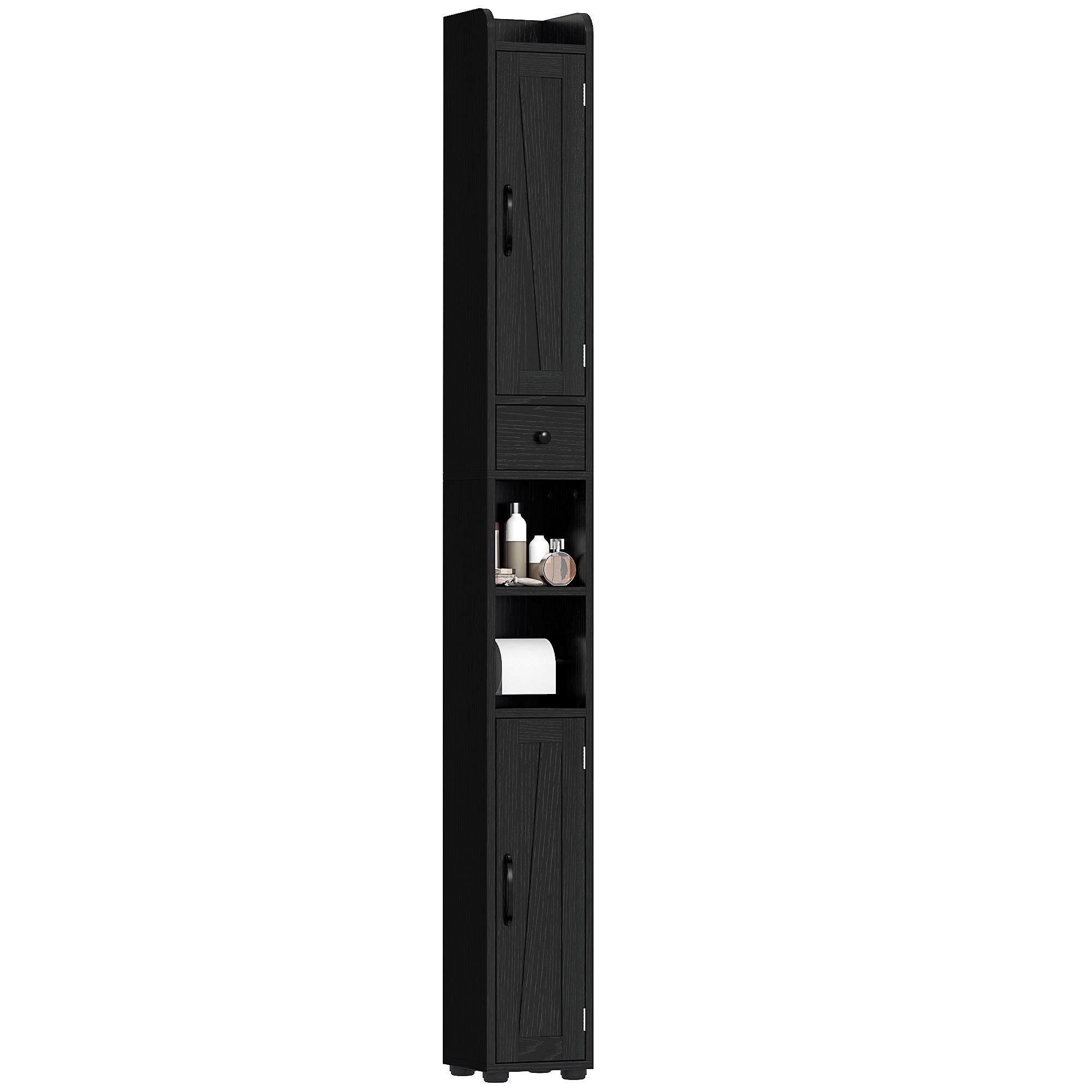 Narrow Bathroom Column with 2 Doors Tall Rustic Bathroom Cabinet with Drawer Open Compartment Adjustable Shelves and Toilet Paper Holder 20x20x185 cm Black