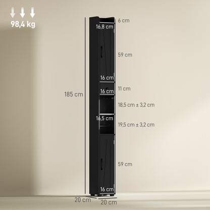 Narrow Bathroom Column with 2 Doors Tall Rustic Bathroom Cabinet with Drawer Open Compartment Adjustable Shelves and Toilet Paper Holder 20x20x185 cm Black