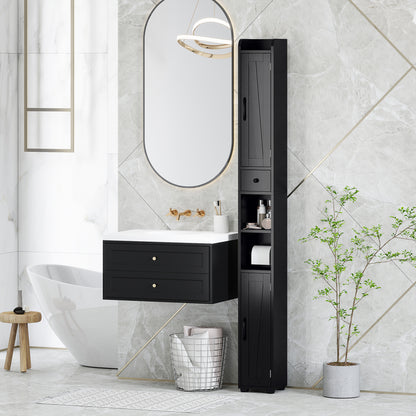 Narrow Bathroom Column with 2 Doors Tall Rustic Bathroom Cabinet with Drawer Open Compartment Adjustable Shelves and Toilet Paper Holder 20x20x185 cm Black