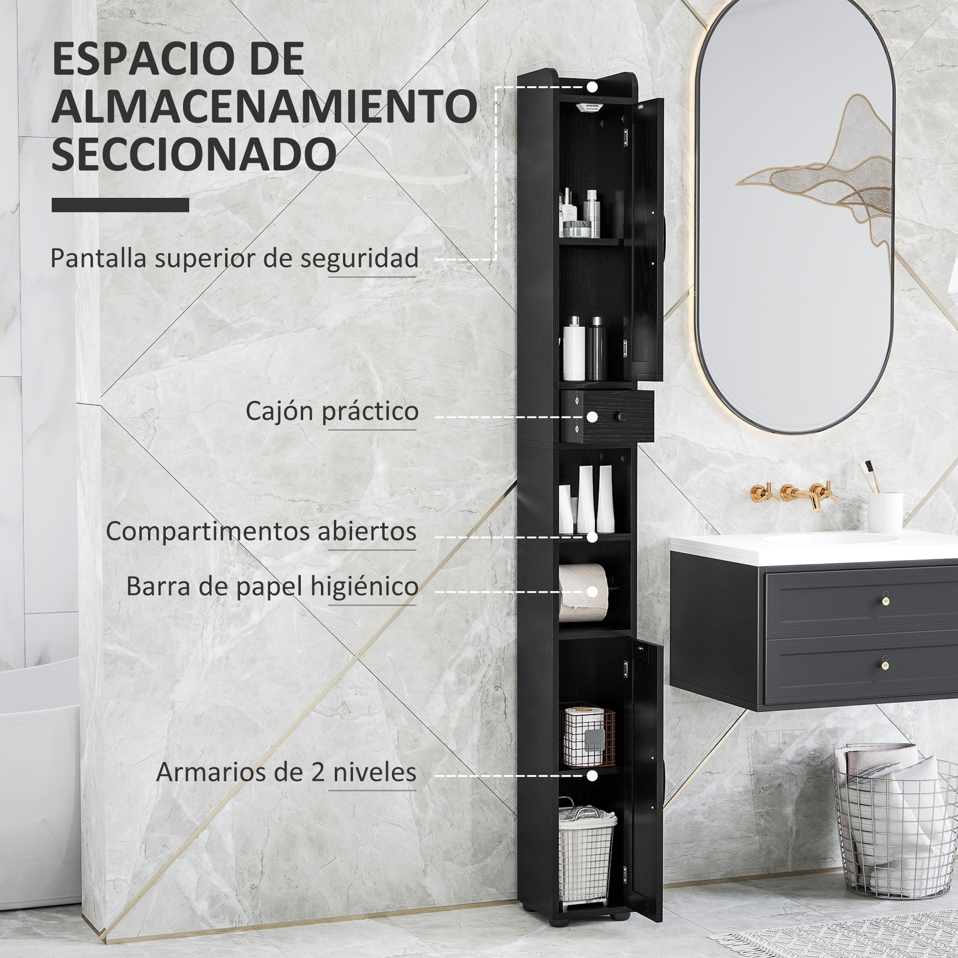 Narrow Bathroom Column with 2 Doors Tall Rustic Bathroom Cabinet with Drawer Open Compartment Adjustable Shelves and Toilet Paper Holder 20x20x185 cm Black