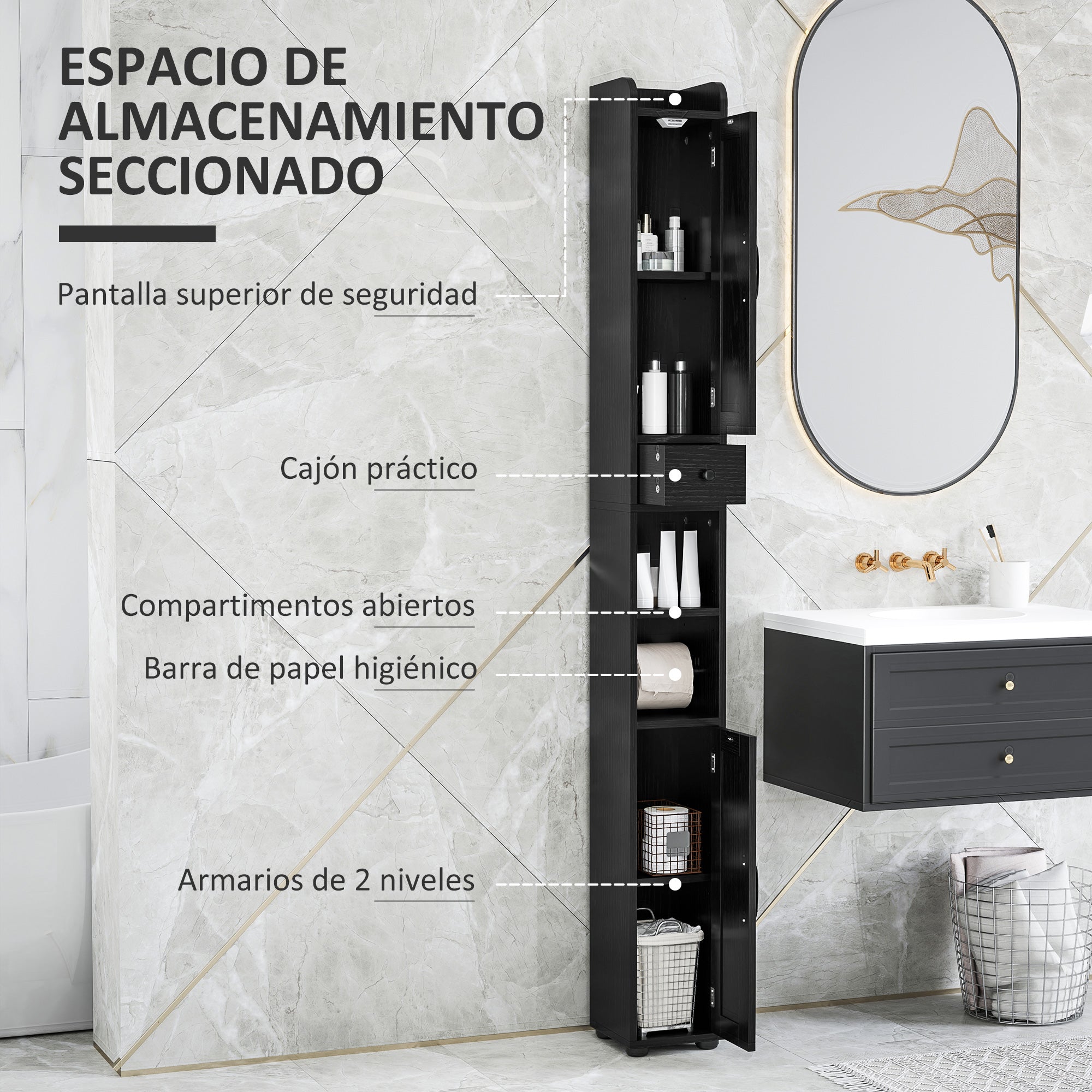 Narrow Bathroom Column with 2 Doors Tall Rustic Bathroom Cabinet with Drawer Open Compartment Adjustable Shelves and Toilet Paper Holder 20x20x185 cm Black