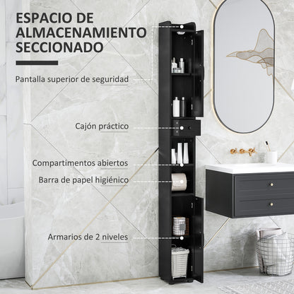 Narrow Bathroom Column with 2 Doors Tall Rustic Bathroom Cabinet with Drawer Open Compartment Adjustable Shelves and Toilet Paper Holder 20x20x185 cm Black