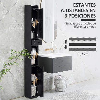 Narrow Bathroom Column with 2 Doors Tall Rustic Bathroom Cabinet with Drawer Open Compartment Adjustable Shelves and Toilet Paper Holder 20x20x185 cm Black