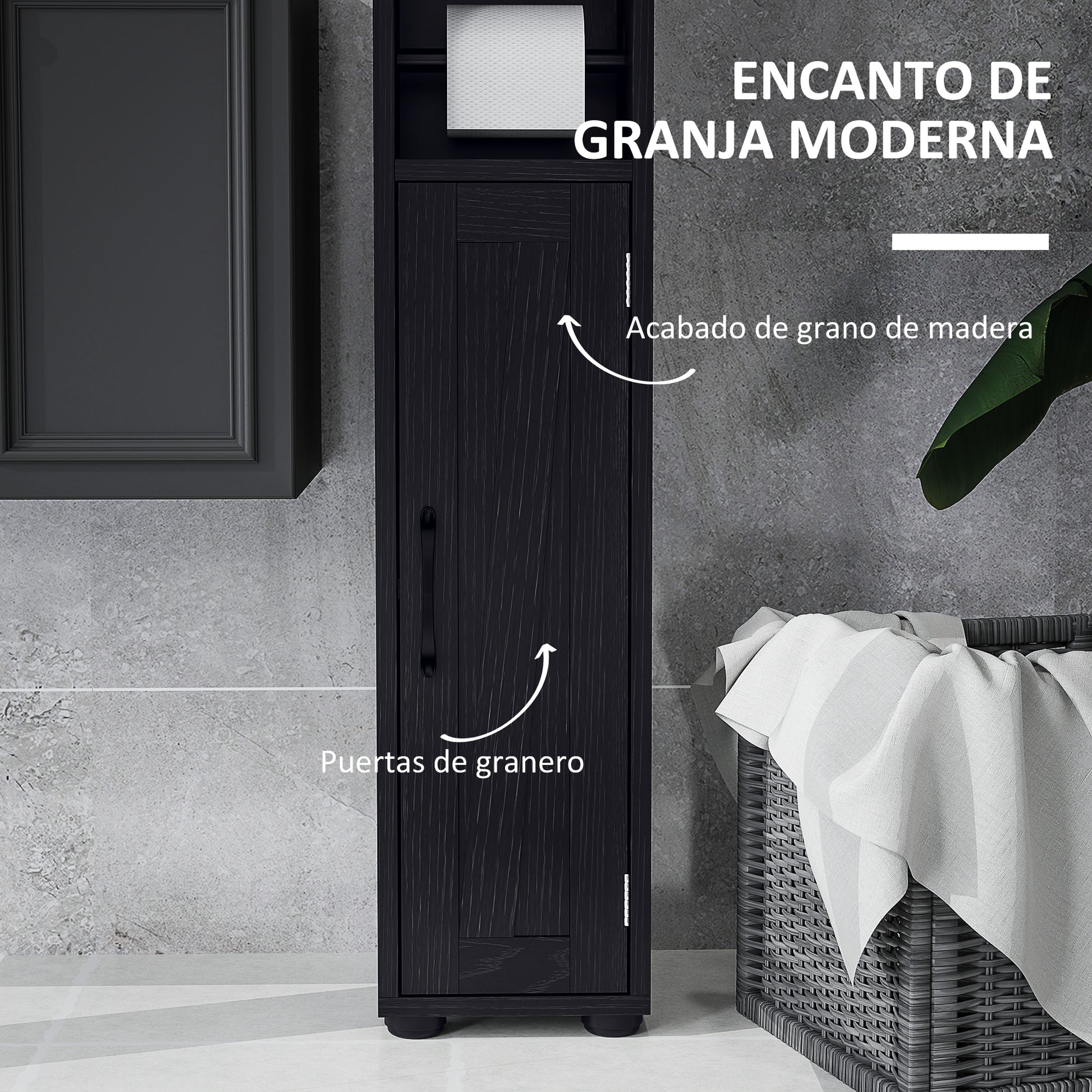 Narrow Bathroom Column with 2 Doors Tall Rustic Bathroom Cabinet with Drawer Open Compartment Adjustable Shelves and Toilet Paper Holder 20x20x185 cm Black