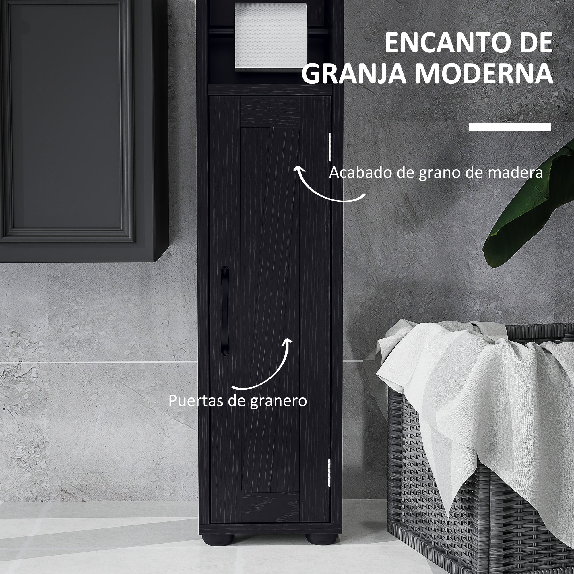 Narrow Bathroom Column with 2 Doors Tall Rustic Bathroom Cabinet with Drawer Open Compartment Adjustable Shelves and Toilet Paper Holder 20x20x185 cm Black