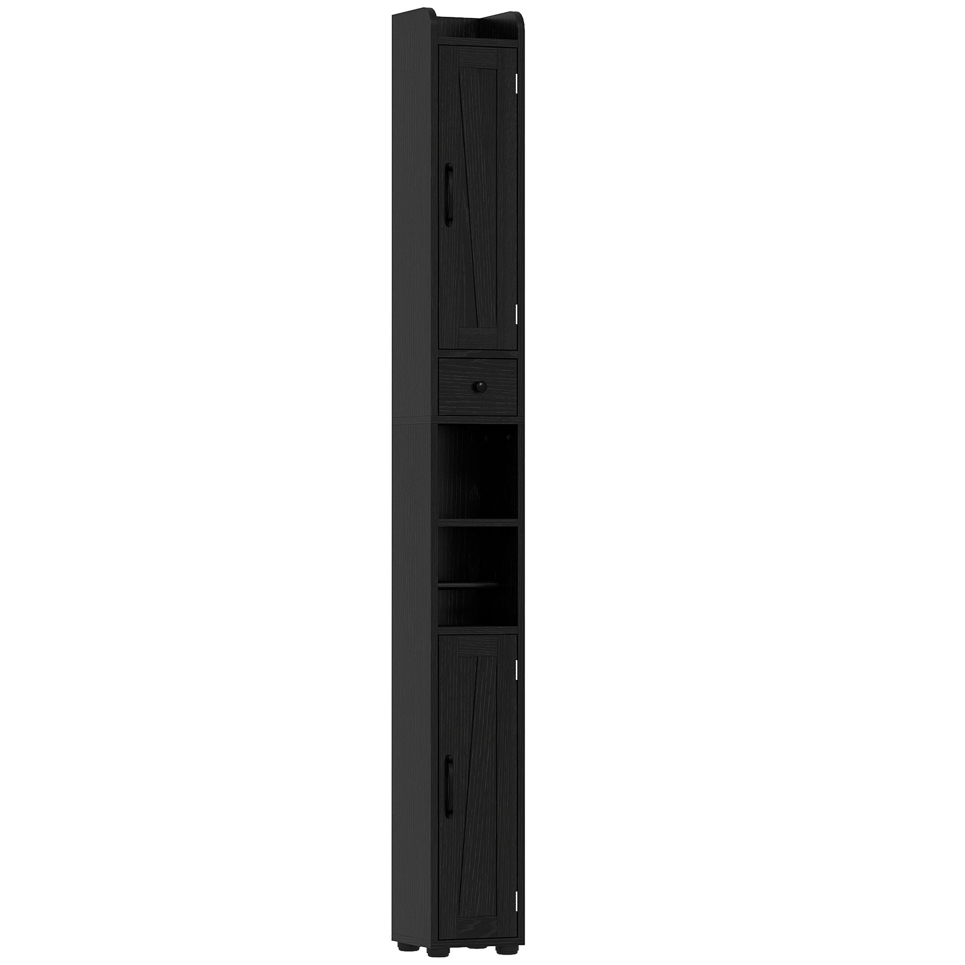 Narrow Bathroom Column with 2 Doors Tall Rustic Bathroom Cabinet with Drawer Open Compartment Adjustable Shelves and Toilet Paper Holder 20x20x185 cm Black
