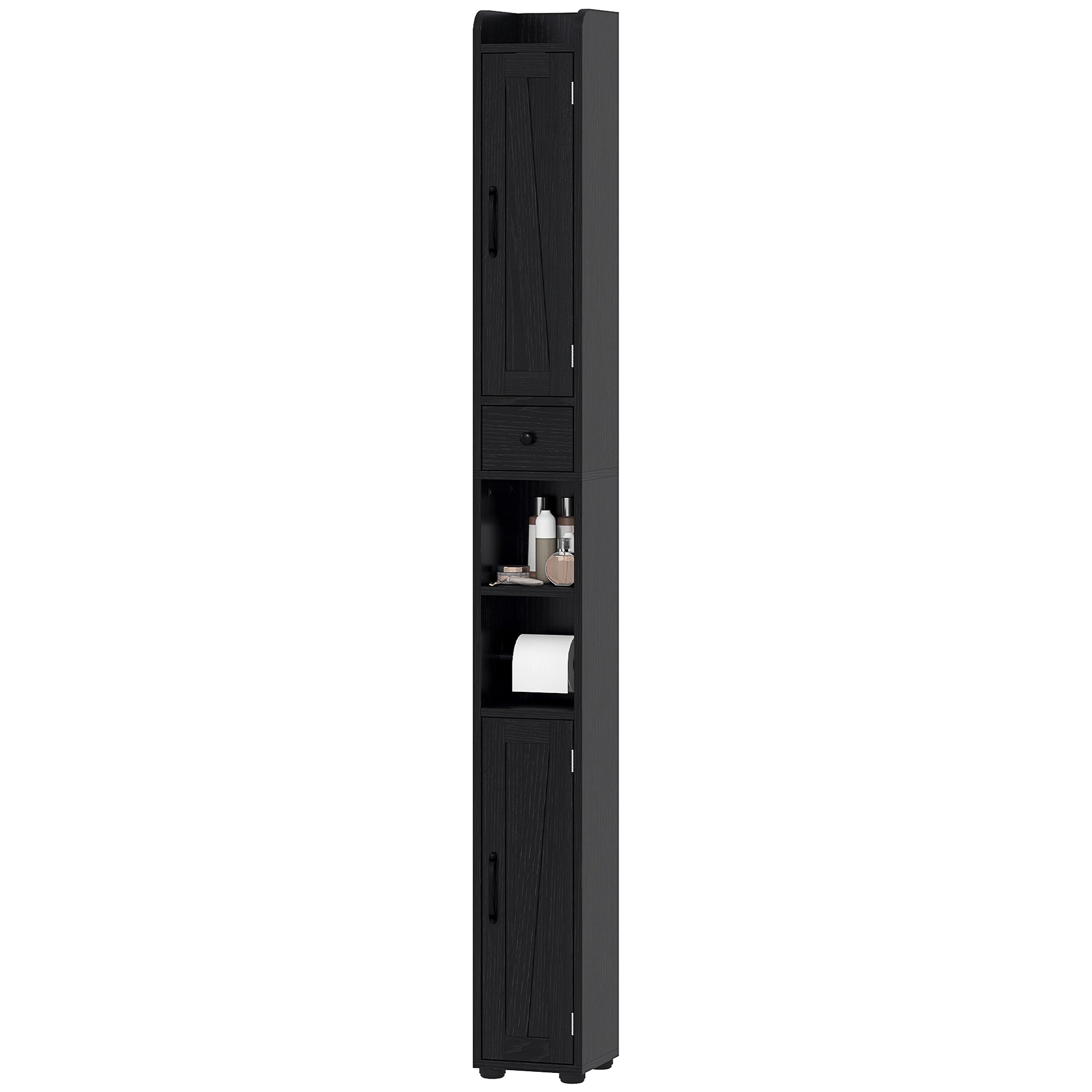 Narrow Bathroom Column with 2 Doors Tall Rustic Bathroom Cabinet with Drawer Open Compartment Adjustable Shelves and Toilet Paper Holder 20x20x185 cm Black