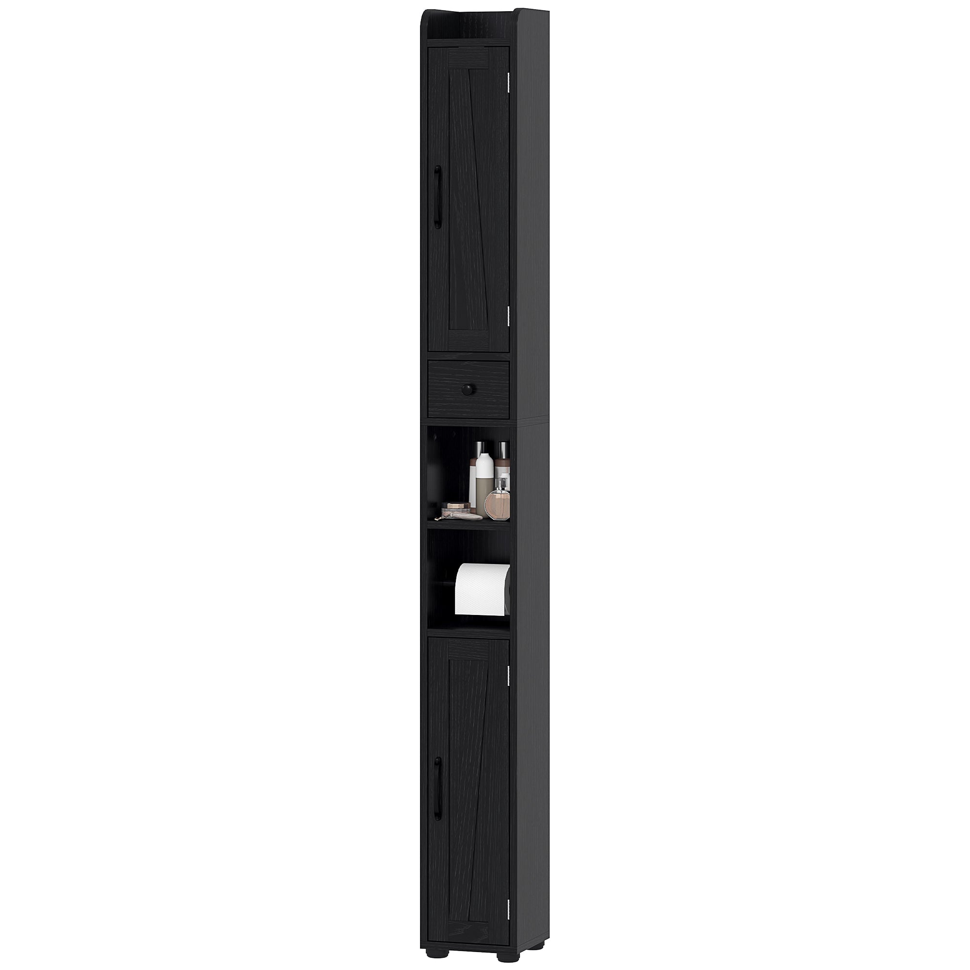 Narrow Bathroom Column with 2 Doors Tall Rustic Bathroom Cabinet with Drawer Open Compartment Adjustable Shelves and Toilet Paper Holder 20x20x185 cm Black
