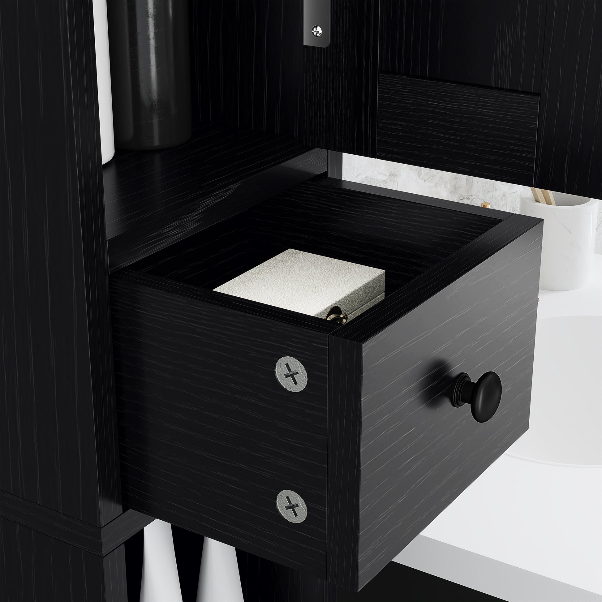 Narrow Bathroom Column with 2 Doors Tall Rustic Bathroom Cabinet with Drawer Open Compartment Adjustable Shelves and Toilet Paper Holder 20x20x185 cm Black