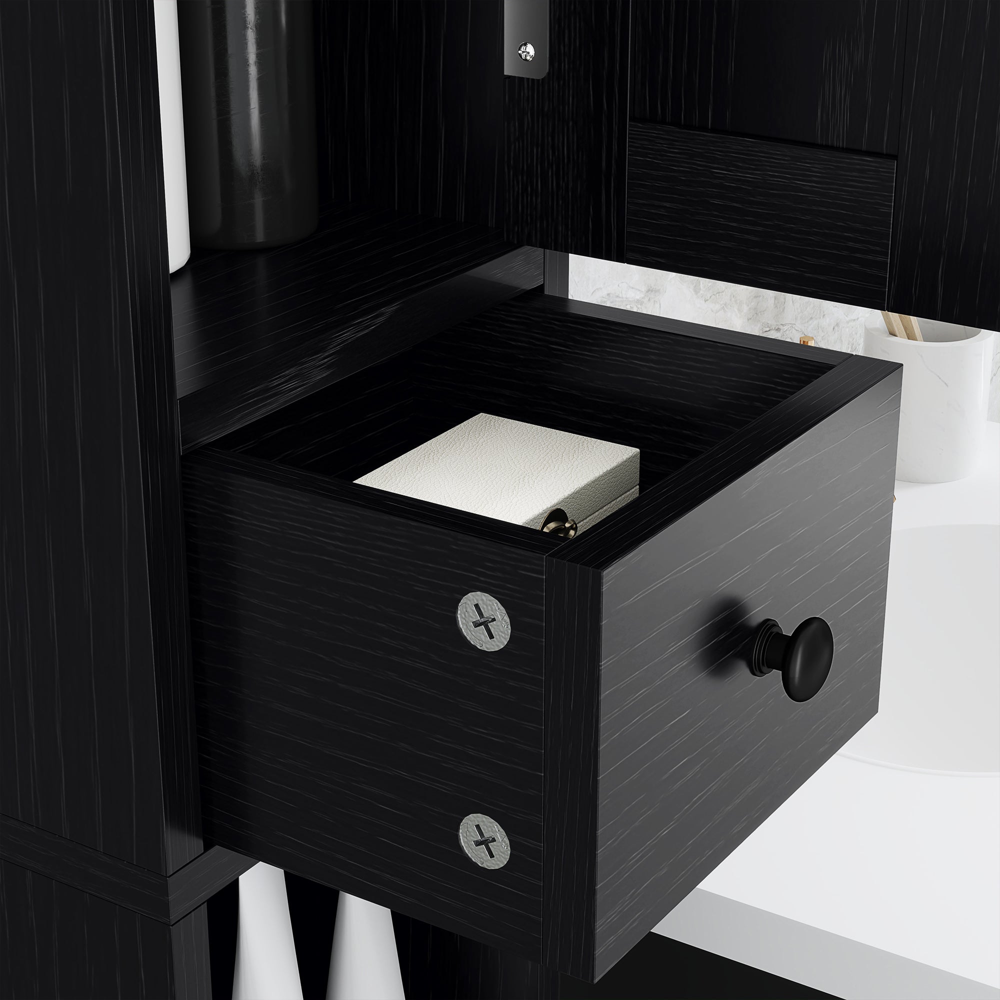 Narrow Bathroom Column with 2 Doors Tall Rustic Bathroom Cabinet with Drawer Open Compartment Adjustable Shelves and Toilet Paper Holder 20x20x185 cm Black